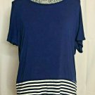 Alya Shirt Women S Navy Blue White Striped Crochet Block Short Sleeve Scoop Neck