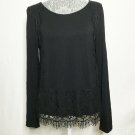 Cable & Gauge Shirt L Black Lace Long Sleeve Round Neck Fringed Hem Open Back