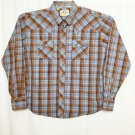 WRANGLER Shirt Men XL Blue Orange Plaid Pearl Snap Button Long Sleeve Button Up