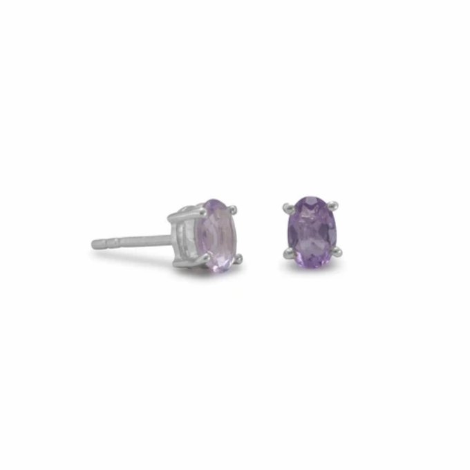 Faceted Oval Amethyst Stud Sterling Silver Earrings - Calming Effect