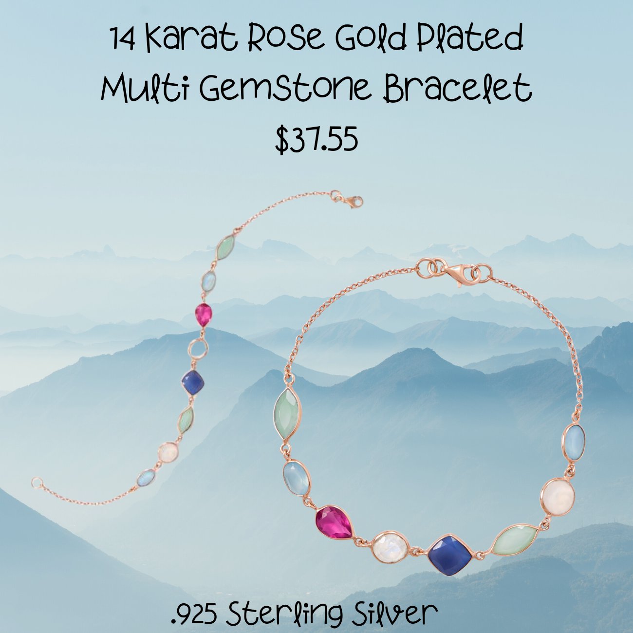 14 Karat Rose Gold Plated Multi Gemstone Bracelet in Sterling Silver