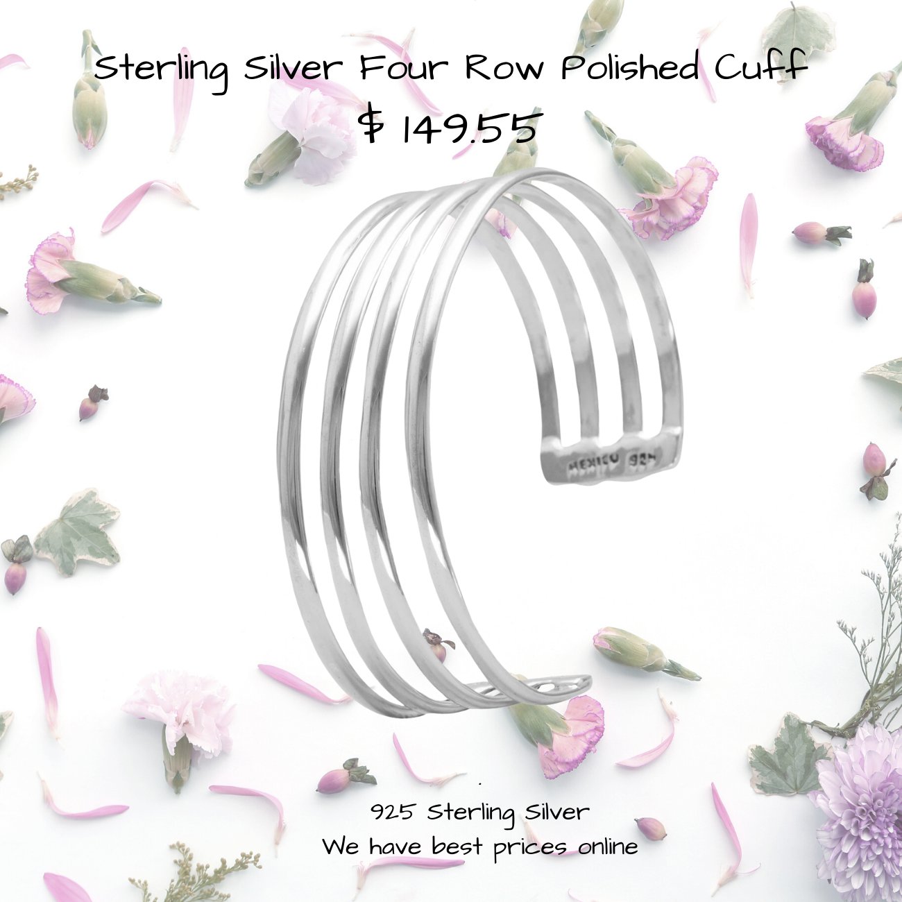 Polished Cuff Bracelet Four Row 925 Sterling Silver