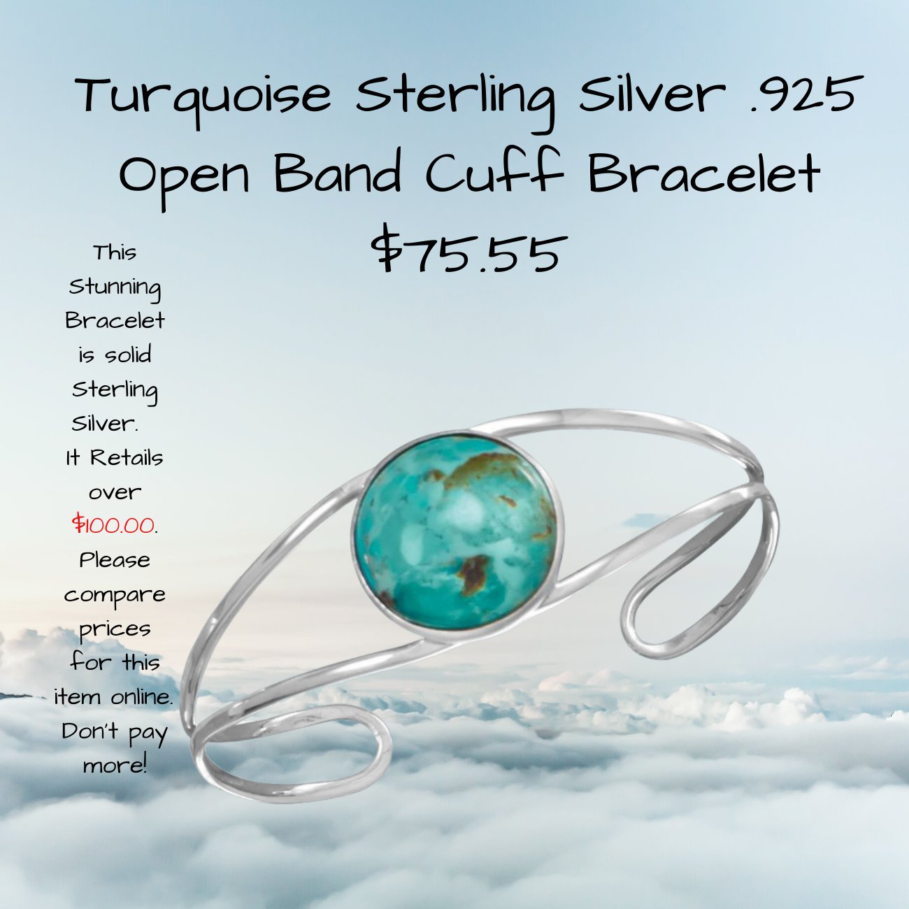 Turquoise Sterling Silver .925 Open Band Cuff Bracelet