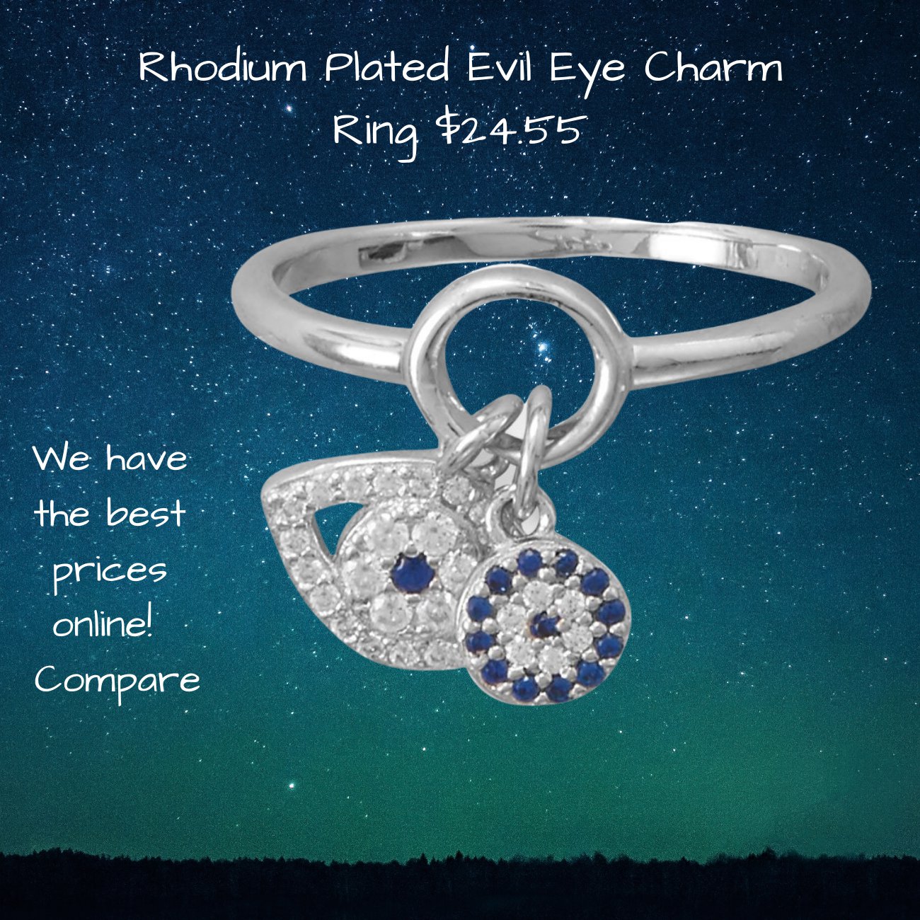 Rhodium Plated Cubic Zirconia Evil Eye Charm Ring in Sterling Silver