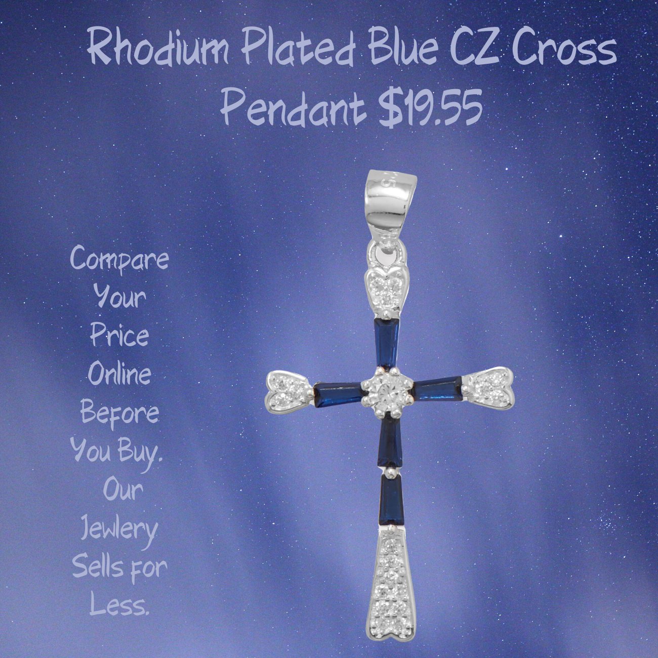 Cross Rhodium Plated Blue Cubic Zirconia Pendant Sterling Silver