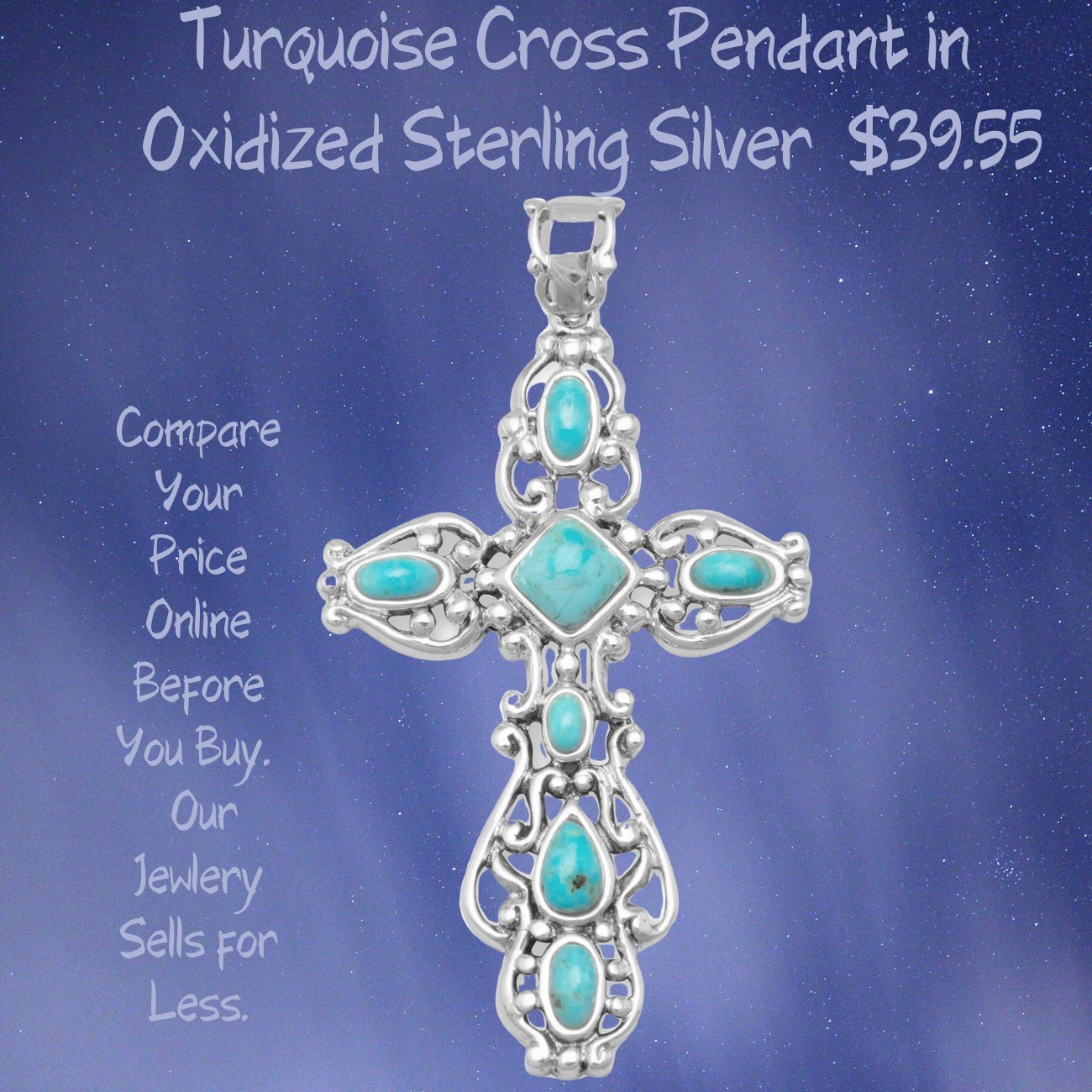 Ornate Oxidized Sterling Silver Reconstituted Turquoise Cross Pendant