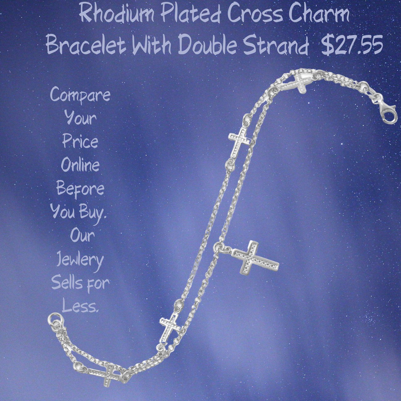 Rhodium Plated Sterling Silver Double Strand Cross Charm Bracelet Made In Italy!