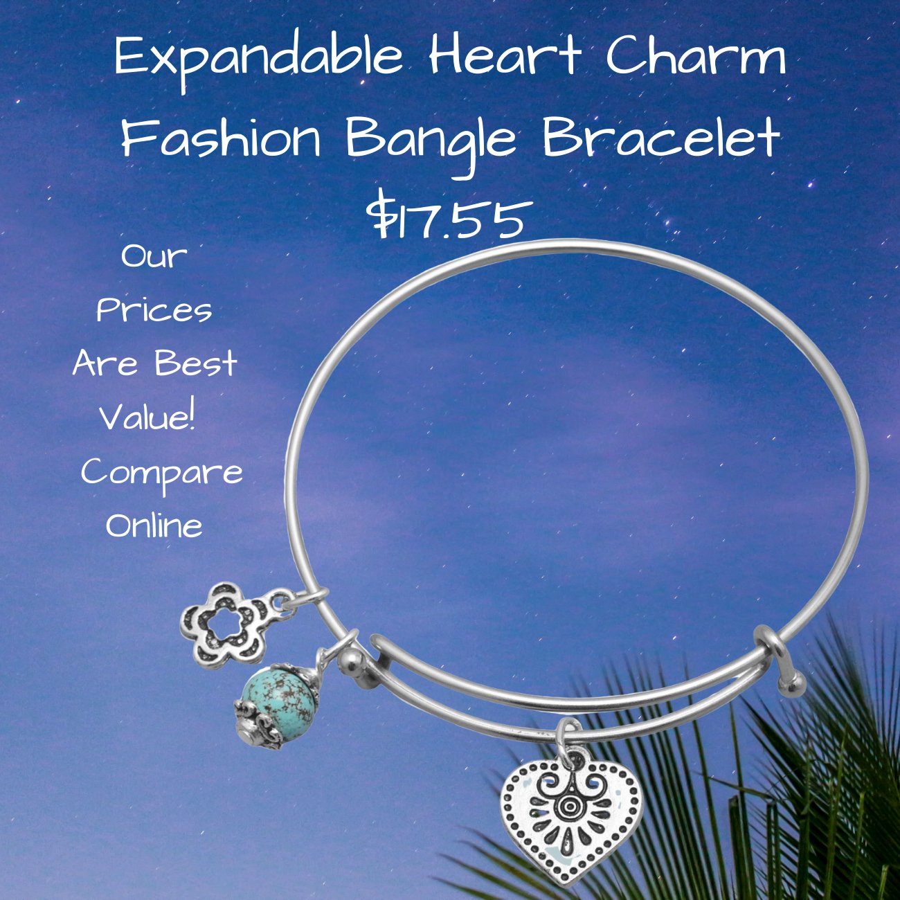 Expandable Heart Charm Fashion Bangle Bracelet Sterling Silver Engraved