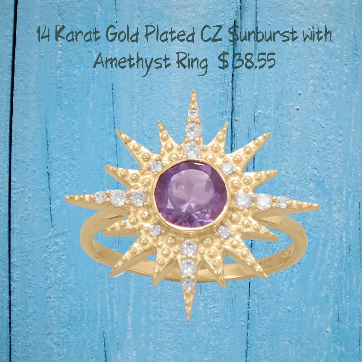 Sterling Silver 14 Karat Gold Plated CZ Sunburst with Amethyst Ring Size 5 to -9