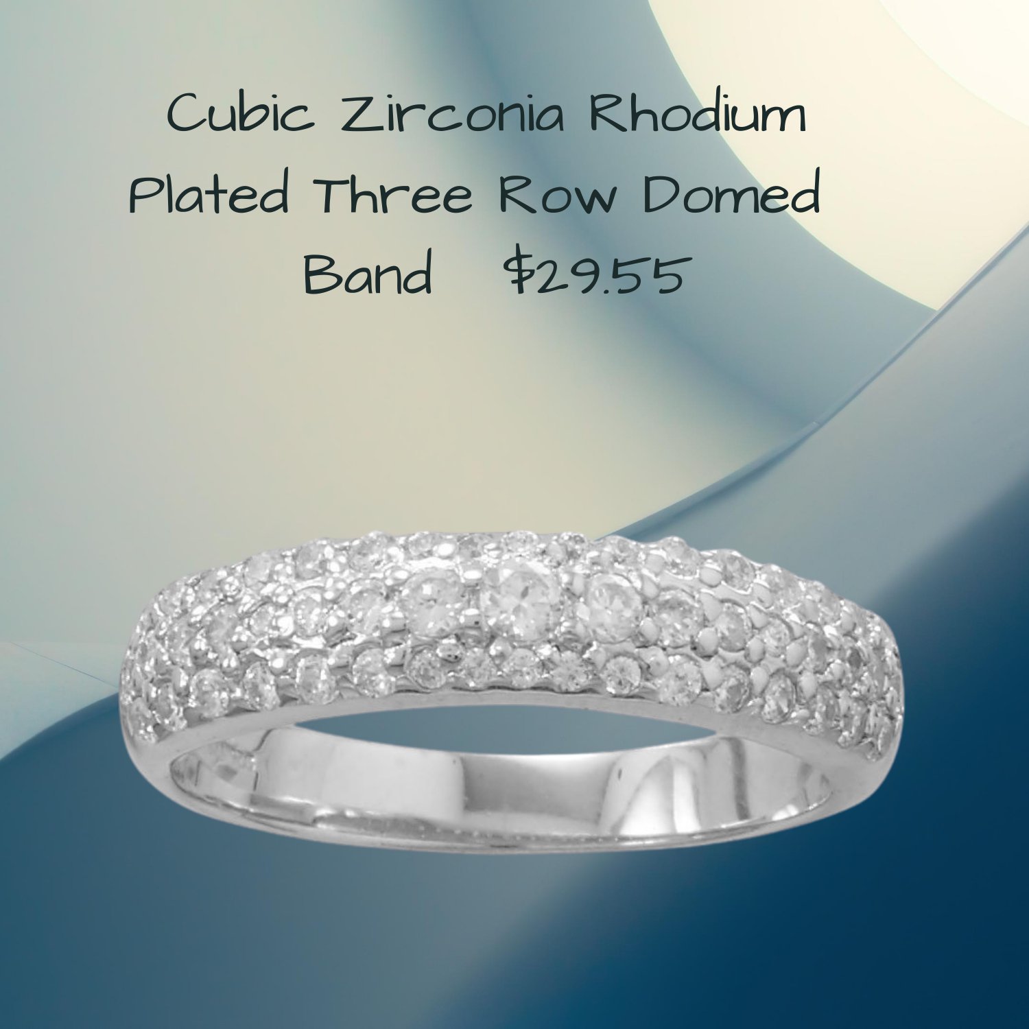 Rhodium Plated Three Row Domed CubicZirconia Ring
