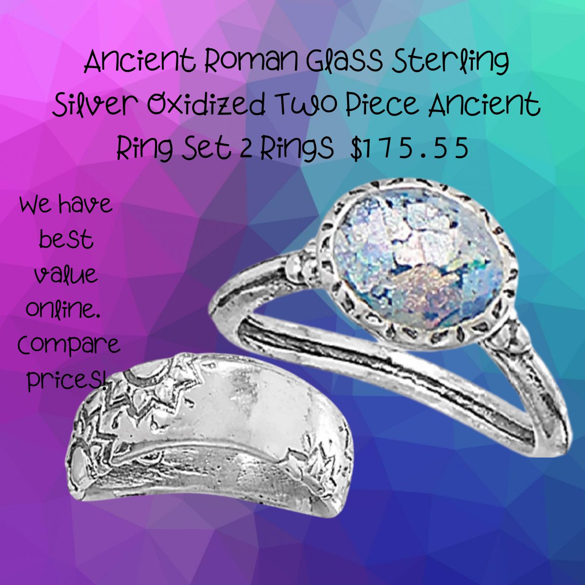 Sterling Silver Oxidized Two Piece Ancient Roman Glass Ring Set