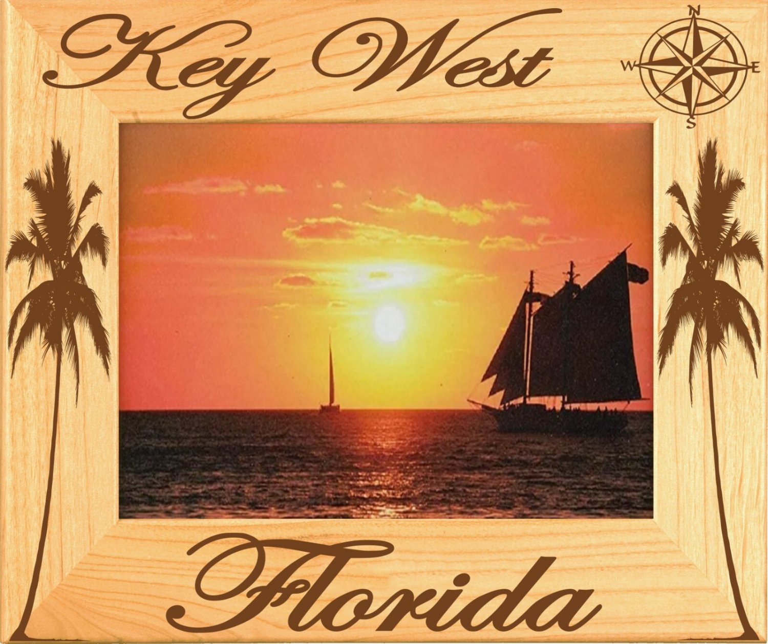 Key West Florida With Compass Laser Engraved Wood Picture Frame Landscape 4x6