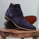 Handmade Men Genuine Blue Suede Leather Boot. Men Ankle Strap Formal Stylish Boots