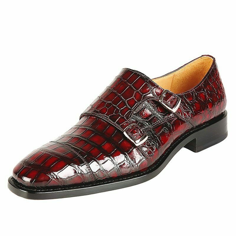 Handmade Mens Burgundy Crocodile dress monk shoes, Alligators shoes for men