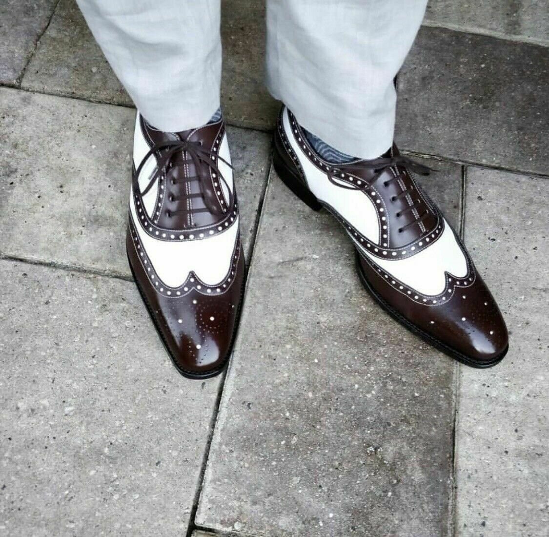 Handmade Mens Spectator Two tone Wing tip brogue Dress shoes, Men formal shoes