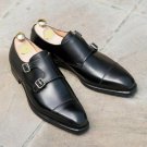 Handmade Mens double monk black leather dress shoes, Men formal monk shoes