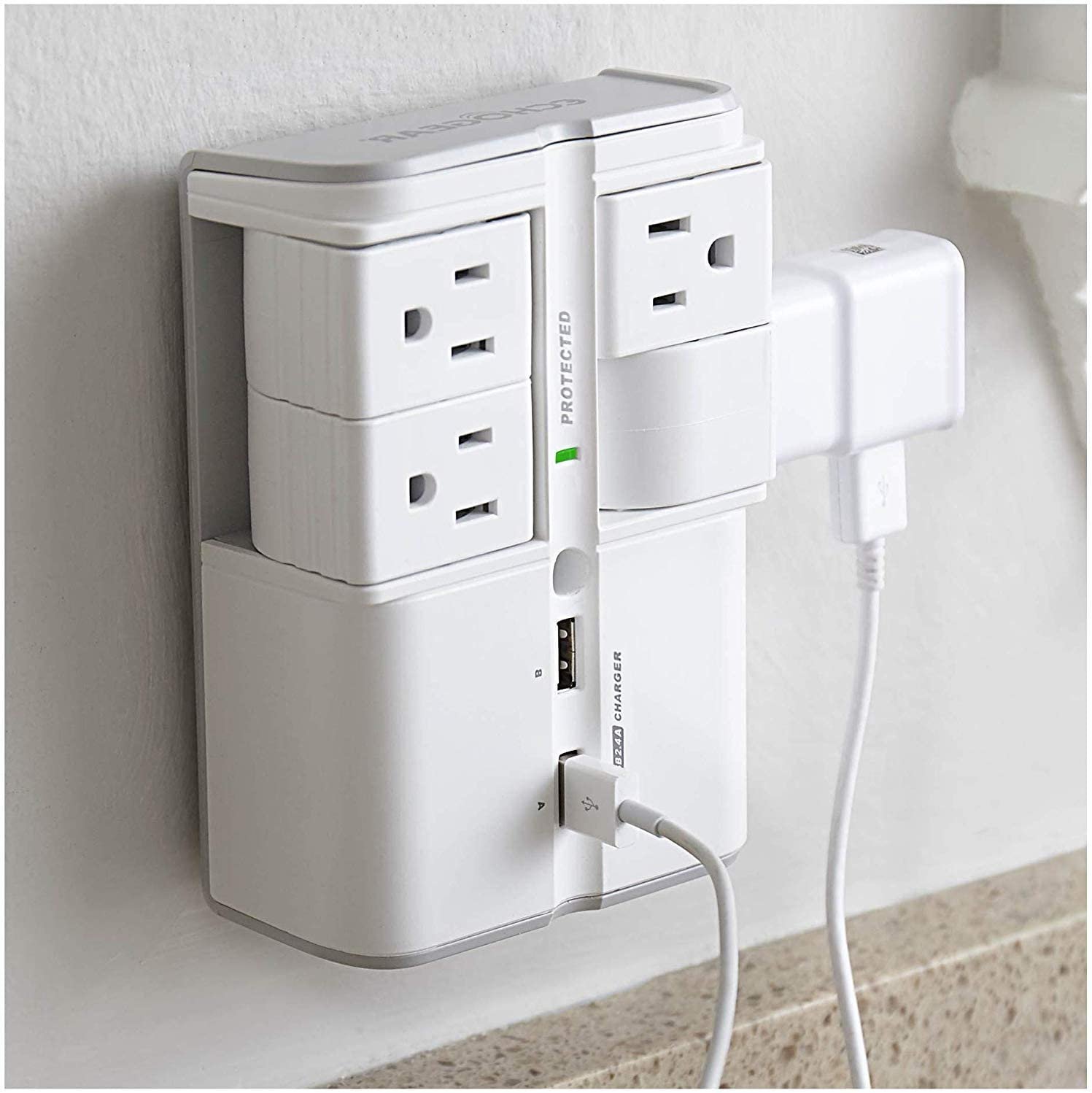 ECHOGEAR On-Wall Surge Protector with 4 Pivoting AC Outlets & 2 USB Ports &acirc;�� Packs 1080 Joules