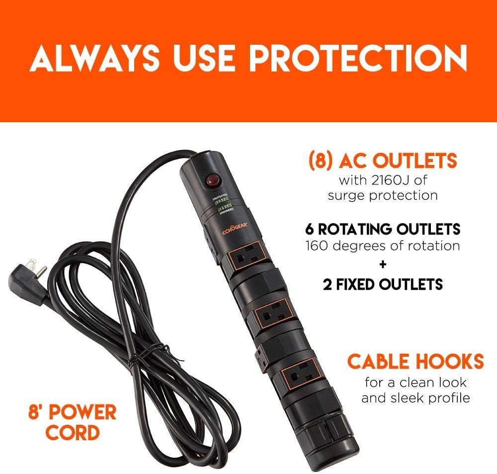 ECHOGEAR Power Strip Surge Protector, 8 Rotating-Outlets, Fireproof MOV-2160 Joules
