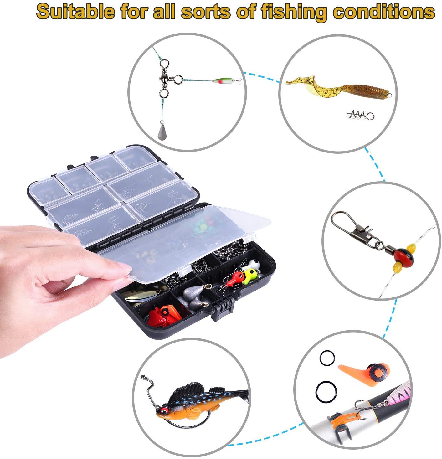 TOPFORT 187pcs Fishing Accessories Kit Including Jig Hooks Bullet Bass