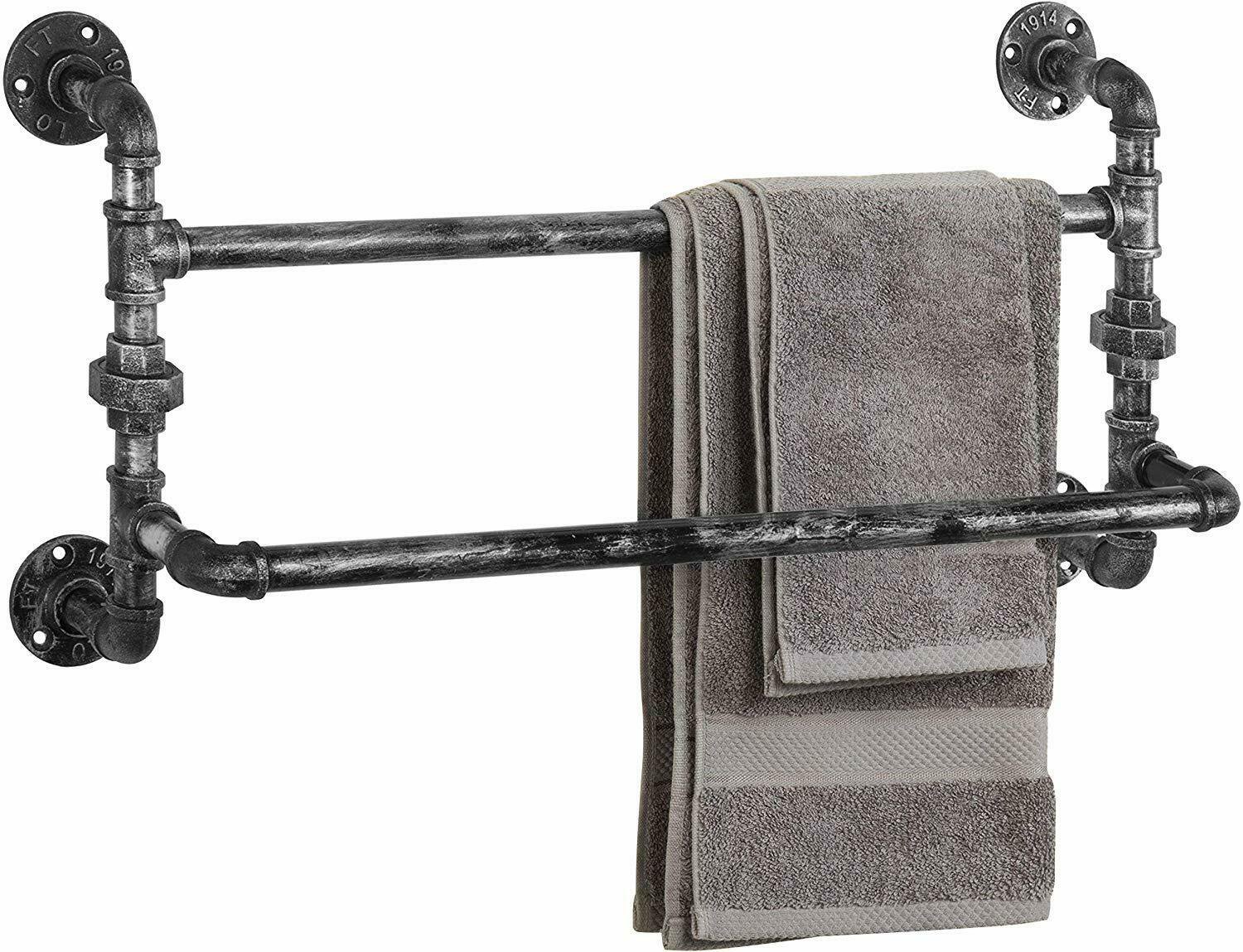 Vintage Industrial Style Metal Pipe Towel Holder 2 Rack Rustic Decor Piece