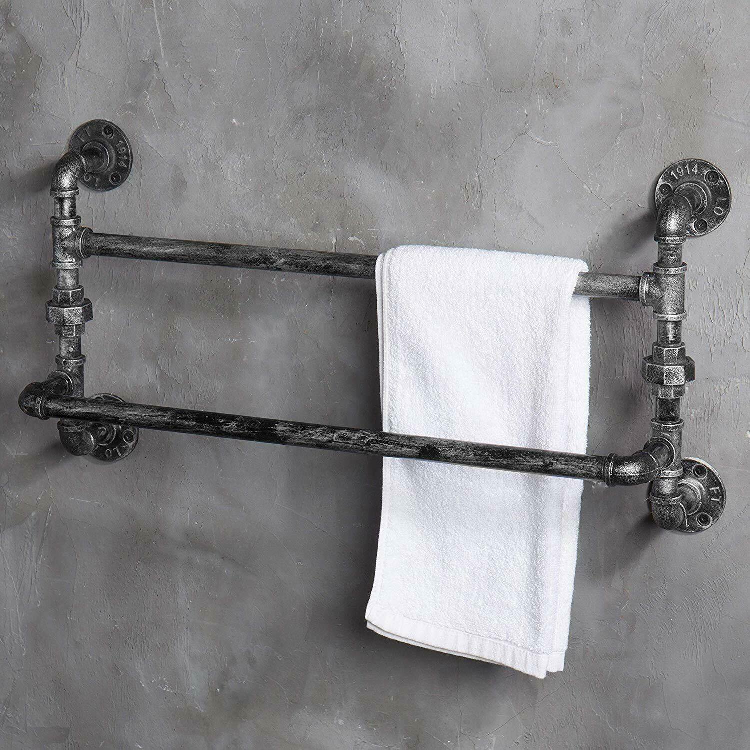 Vintage Industrial Style Metal Pipe Towel Holder 2 Rack Rustic Decor Piece