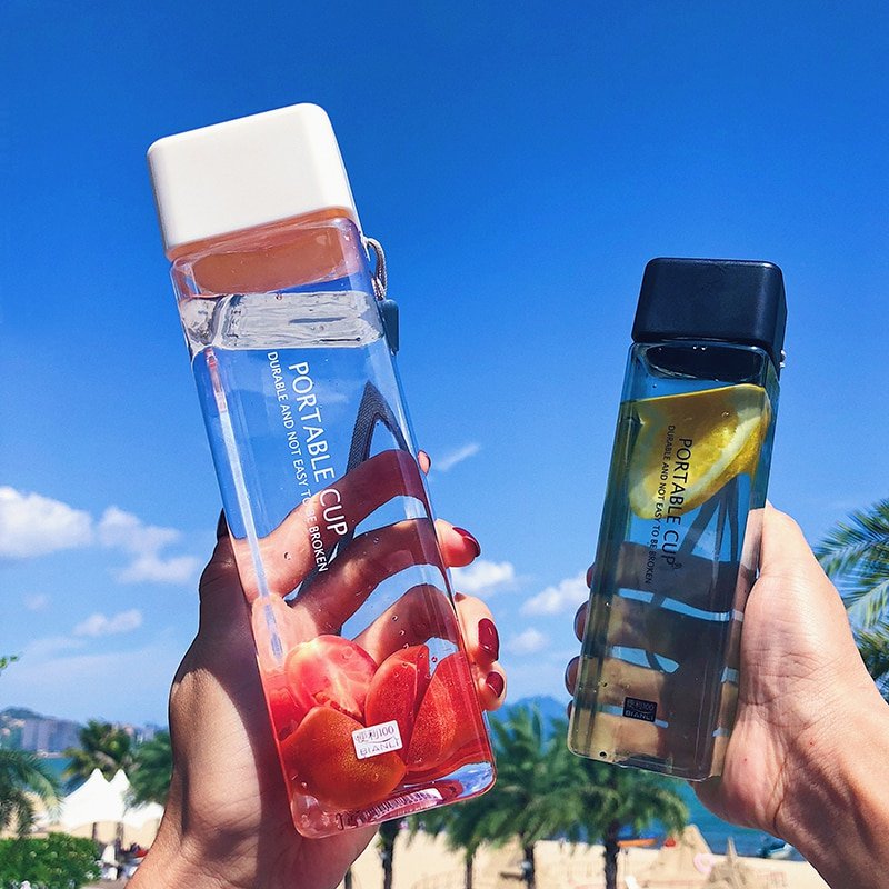 500ml Cute Square Tea Milk Fruit Water Cup Transparent Bottles Drink Sport Heat Resistant (7-Colors)