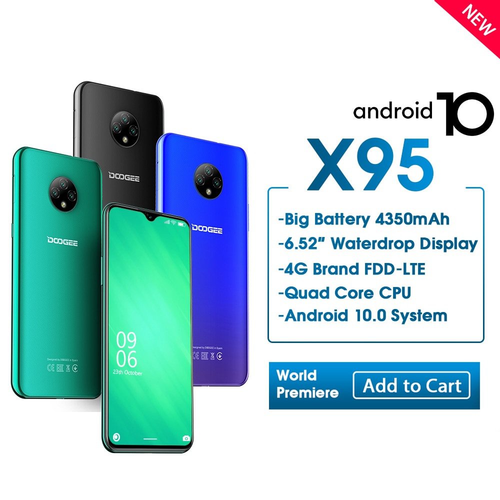 Original DOOGEE X95 2GB 16GB Quad Core MTK6737 Android 10 4G Mobile 6.52" 13MP Triple Camera 4350mAh