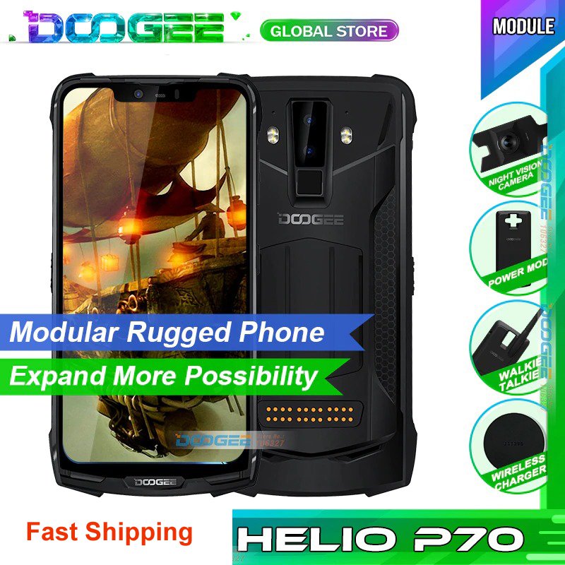 Doogee S90C Rugged Phone IP68 6.18" Helio P70 Octa Core 4GB 64GB 5050mAh 16MP+8MP Android 9.0 12V2A