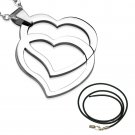 LADIES 18" STAINLESS STEEL POLISHED SILVER DOUBLE HEART BLACK CORD NECKLACE