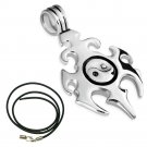 MENS 18" STAINLESS STEEL SILVER YIN YANG BIKER TRIBAL CROSS BLACK CORD NECKLACE