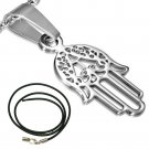 LADIES 18" STAINLESS STEEL SILVER FILIGREE HAMSA HAND BLACK CORD NECKLACE