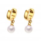 LADIES GIRLS STAINLESS STEEL GOLD PLATED WHITE PEARL HUGGIE HOOP EARRINGS