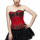 Black Sequins Red Satin Burlesque Costume Overbust Corset Waist Cincher Bustier