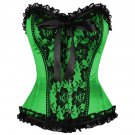 Green Satin Black Frill Net Goth Burlesque Corset Waist Cincher Costume Overbust