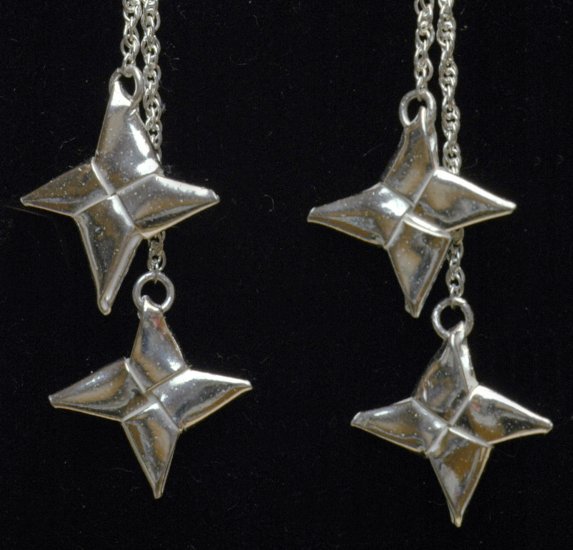 Double Ninja Throwing Star (Shuriken) - Silver Origami Drop Earrings - Metalgami