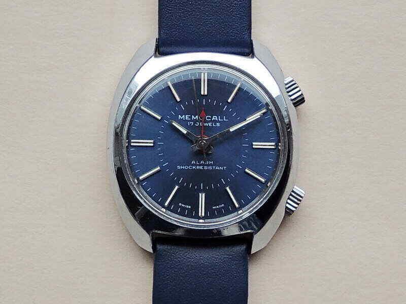 Vintage MEMOCALL wrist alarm-watch, chrome, Switzerland, 1970's, blue dial, RARE