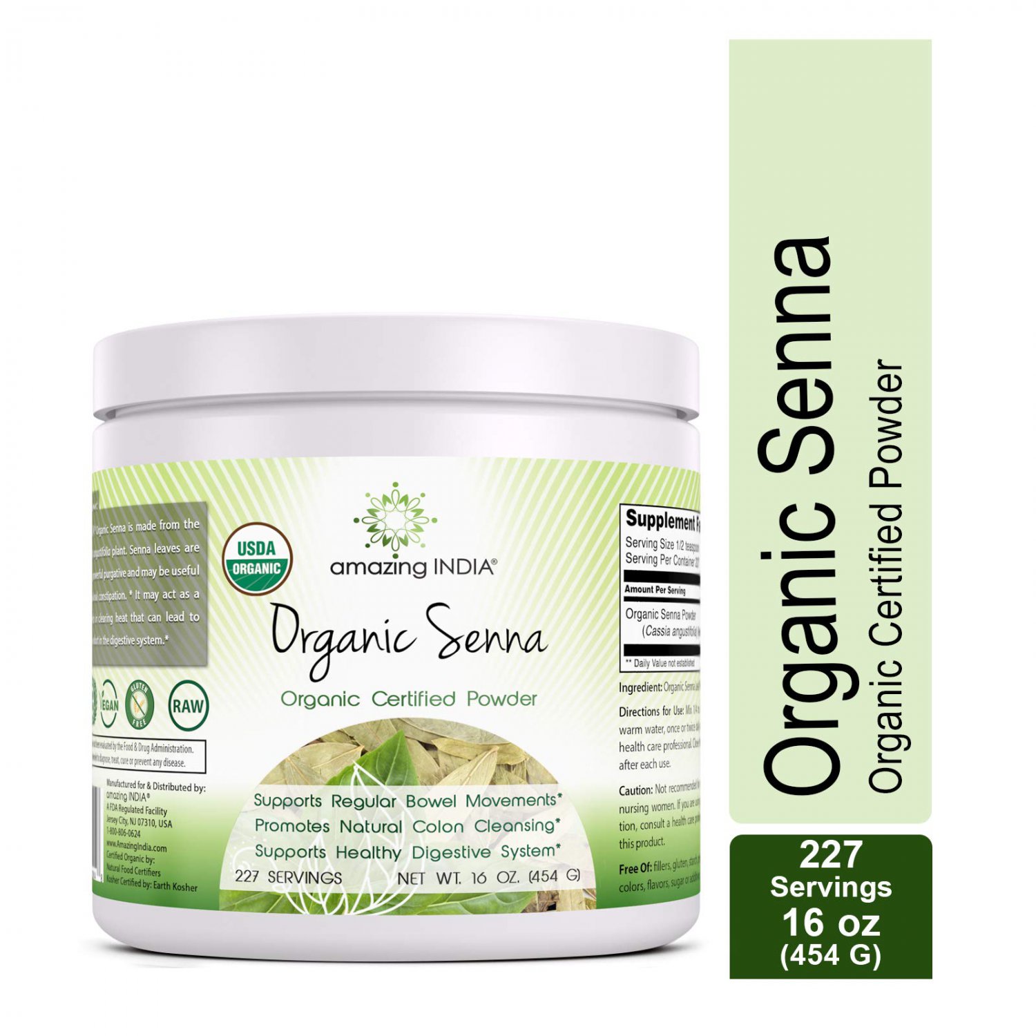 Amazing India USDA Certified Organic Senna Powder 16 oz-Raw, Vegan- Gluten-Free, Plant-Based Nutriti