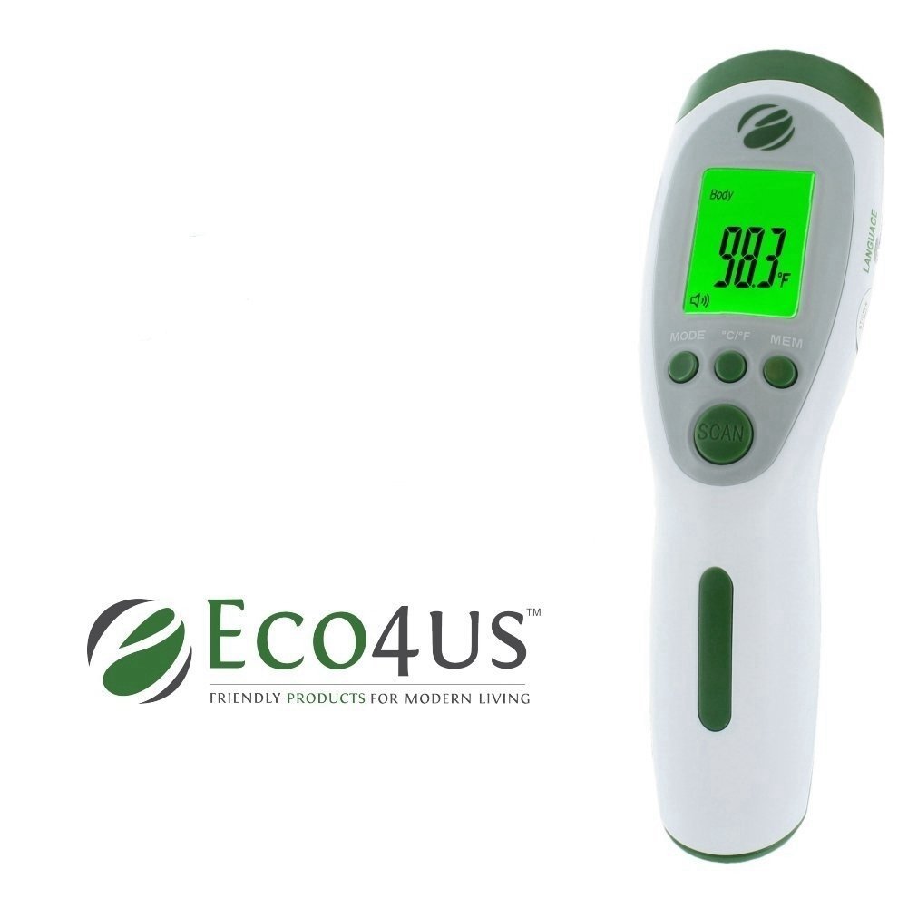 Eco4us - Non-Contact Infrared Talking Thermometer, Large Backlit LCD Display, Announces Temperature