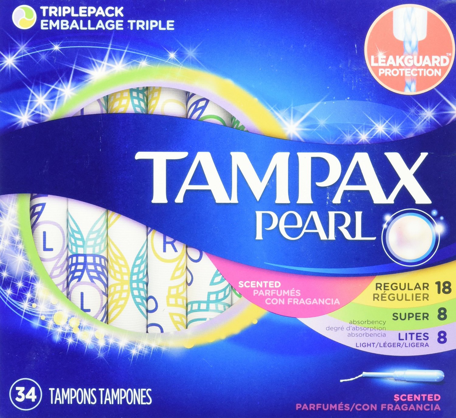 Tampax Pearl Triple Scented Plastic Tampon Variety Pack, 34 Count
