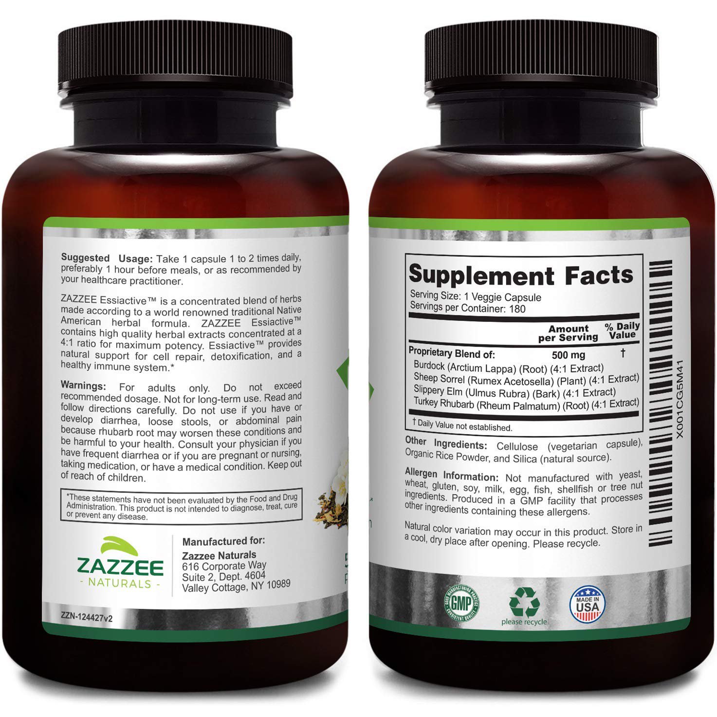 Zazzee Essiac Tea, 180 Veggie Capsules, 500 mg per Capsule, Potent 41