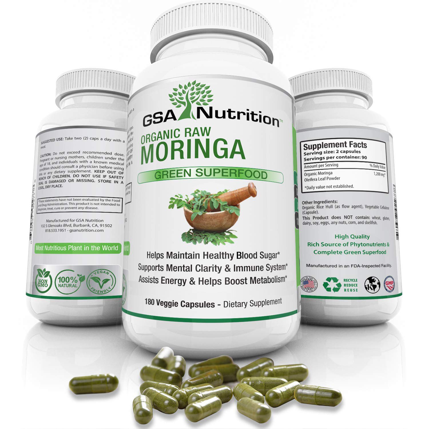 Moringa Oleifera 180 Capsules - Organic USDA Certified- Pure Green Leaf Powder Superfood Supplement