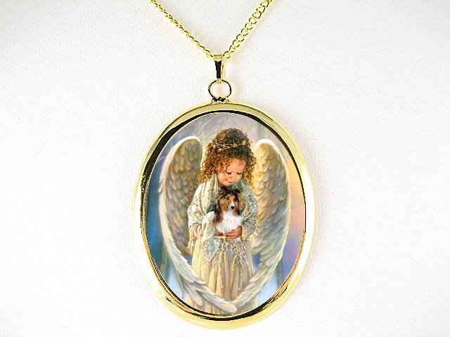 ANGEL HOLD SHELTIE SHEEPDOG CAMEO PORCELAIN NECKLACE