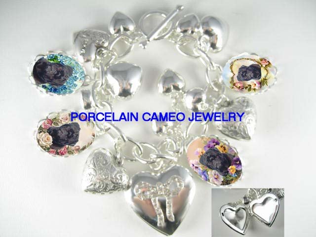 BLACK PUG DOG FORGET ME NOT PANSY ROSE HEART LCOKET CHARM BRACELET