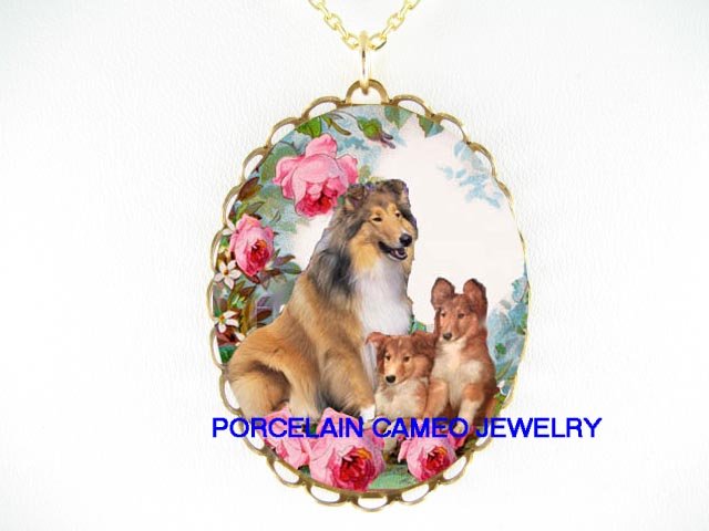 3 COLLIE DOG MOM PUPPY ROSE CAMEO PORCELAIN NECKLACE