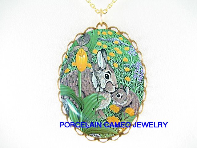 RABBIT MOM KISSING BABY TULIP PORCELAIN CAMEO NECKLACE