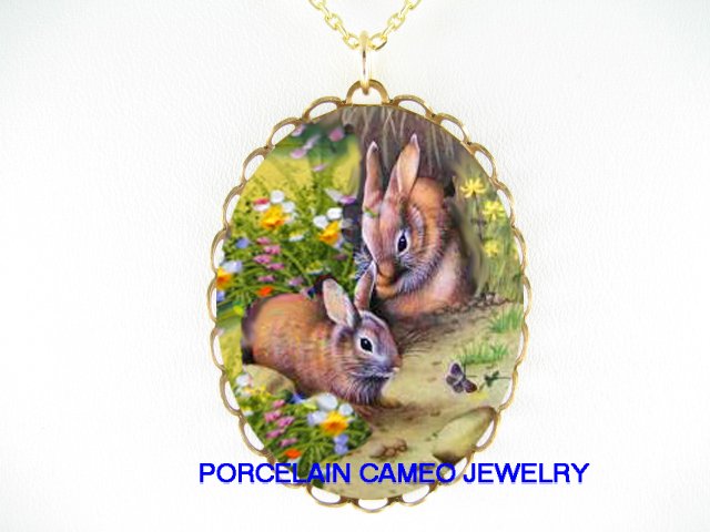 2 RABBIT BUNNY CHASE BUTTERFLY CAMEO PORCELAIN NECKLACE