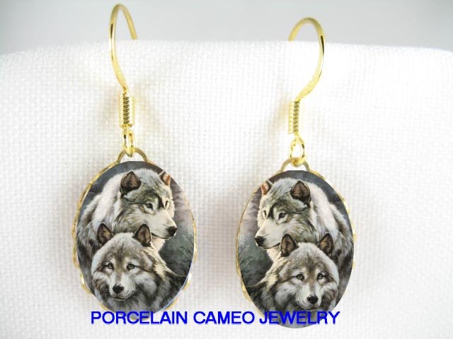2 CUDDLING GREY WOLF POERCELAIN CAMEO EARRINGS