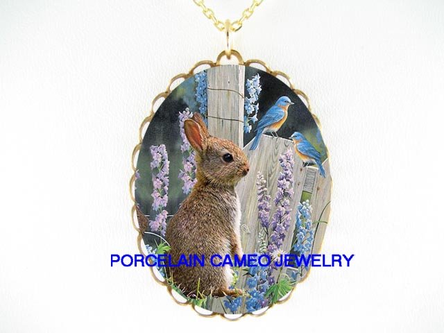 RABBIT BUNNY 2 BLUE BIRD BELL FLOWER CAMEO NECKLACE