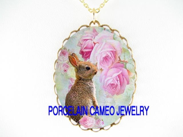 RABBIT BUNNY VICTORIAN ROSE PORCELAIN CAMEO NECKLACE