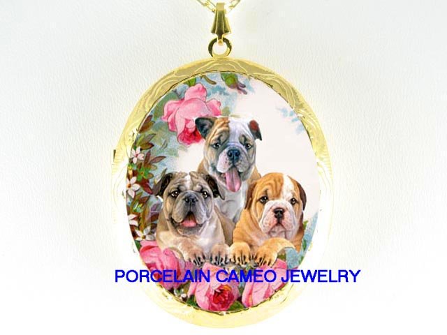 3 BULLDOG PUPPY ROSE GARDEN * CAMEO PORCELAIN LOCKET NECKLACE